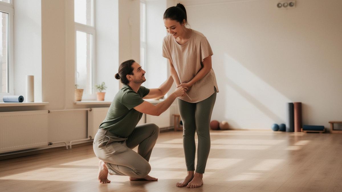 Coach guiding a beginner through a standing range-of-motion screen in a calm studio